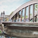 Akwarela - Panorama z mostem w Garwolinie