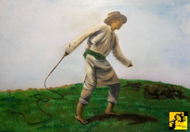 Pasterz z biczem na łące
