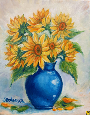 SŁONECZNIKI W NIEBIESKIM WAZONIE